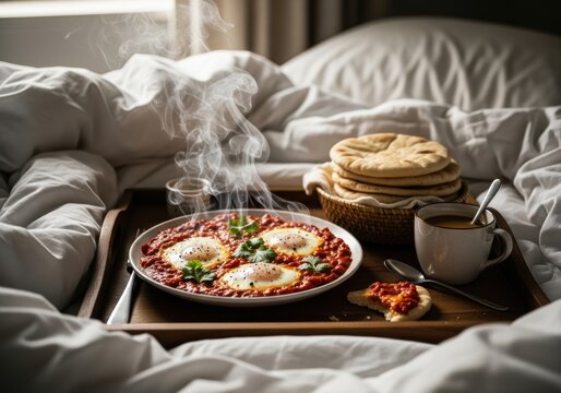 Hot Breakfast Food Served In Bed Resting On A Tray For A Morning Meal