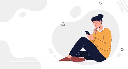 Obraz premium Woman Sitting on Floor Using Smartphone, Thinking, Modern Flat Illustration