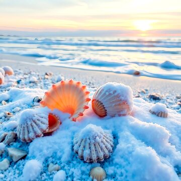 a beautiful winter beach scene, soft snow covering the sandy shore, gentle ocean waves touching icy edges, pastel sunset sky with pink and orange tones, seashells partially covered in snow 