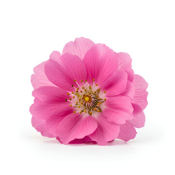 Closeup of a vibrant pink flower with delicate petals and a yellow center.