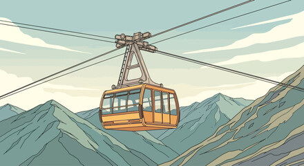 Yellow cable car suspended over mountains on a clear day. © BerkahStock