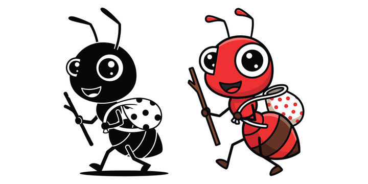 Cute red ant cartoon character walking with stick and sack, black and white icon and colored illustration for children education.