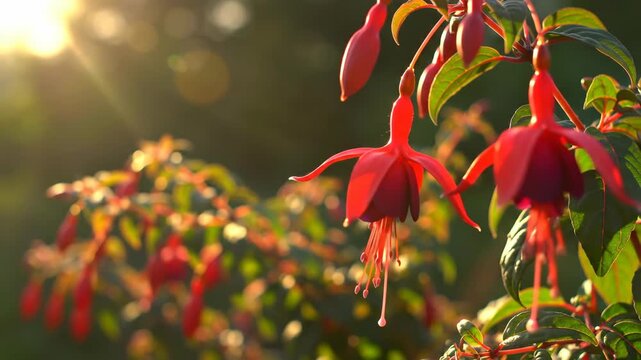 Close-up of vibrant red Fuchsia flowers with morning sunlight, nature's beauty.
