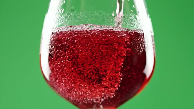Deep Red Fermented Rosella Drink Being Poured Into a Frosted Glass Against a Vibrant Green Background With Subtle Bubbles Forming