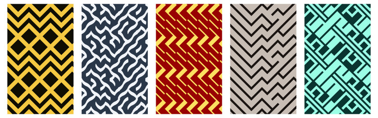 Obraz premium Set of seamless vector patterns with zigzag, wavy lines, geometric diamonds, and bold stripes in black, beige, red, teal, and yellow. Suitable for textile