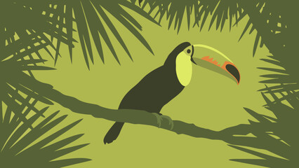 Naklejka premium Toucan bird with a distinctive large beak perches gracefully on a jungle branch.