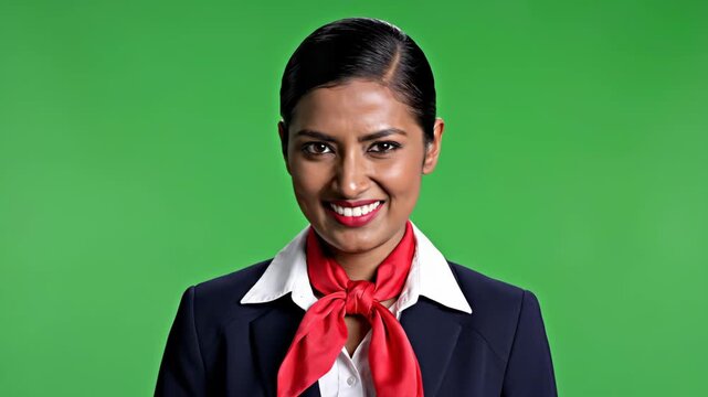 Professional businesswoman smiling in front of green background