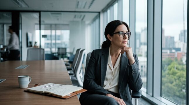 Pensive female executive in business suit looking out of office window. Strategic planning and leadership concept for corporate success and professional career growth.