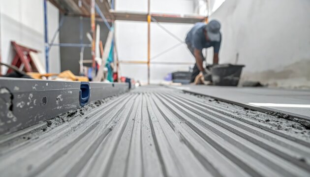 Low-angle view of freshly laid cement with a worker in the background laying tiles