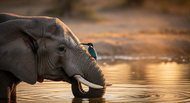 A brilliant blue kingfisher resting on the broad, wrinkled forehead of an African elephant as it drinks from a reflective waterhole at golden hour. Dust motes dance in the light, ultra-sharp skin text