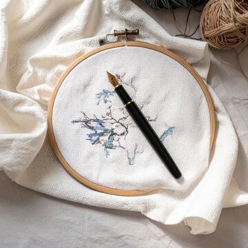 Creative embroidery project with a fountain pen on a white fabric in a wooden hoop, showcasing artistic process and craftsmanship.