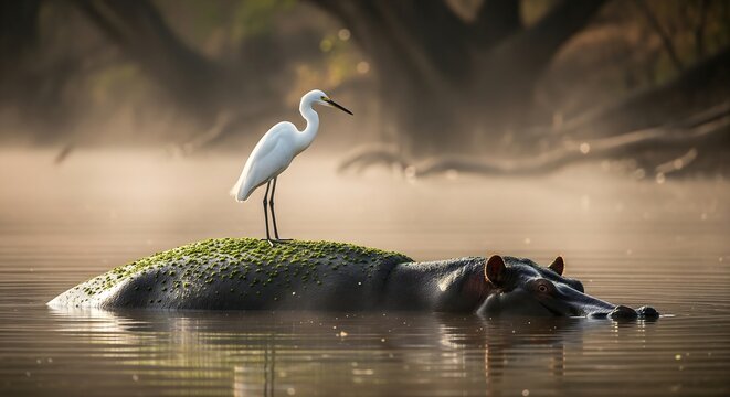 A majestic white egret standing gracefully on the moss-covered back of a partially submerged hippopotamus in a misty African river. Soft morning light filters through ancient trees. Cinematic wide sho