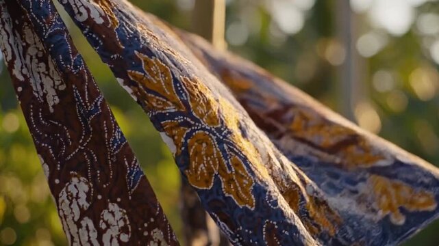 Traditional Indonesian batik cloth drying on a line in a garden with warm golden sunlight and green bokeh.