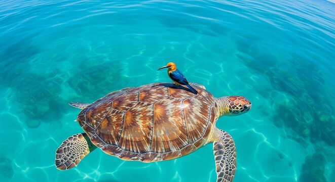 A colorful tropical bird perched on the shell of a giant sea turtle floating at the ocean's surface. Crystal clear turquoise water, underwater light rays visible, 16:9, wide lens, hyper-realistic wate