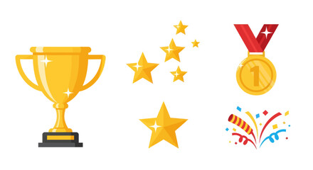 Golden Trophy, Medal, Stars, and Confetti - Vector Icons for Success and Achievement
