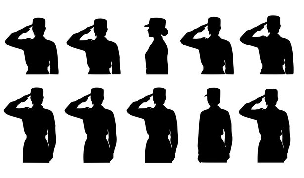Female soldier salute silhouette set vector collection with multiple poses isolated on white background