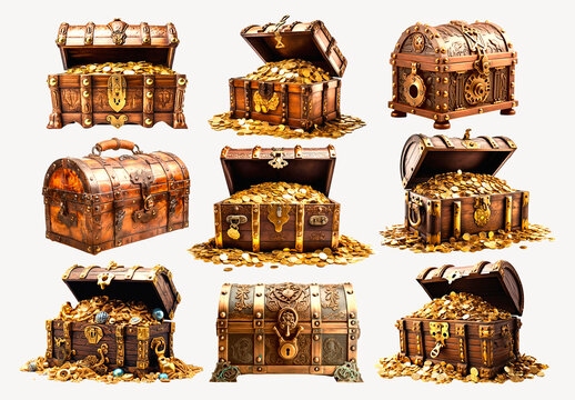 Vintage Treasure Chests Overflowing Gold Element Design Collection