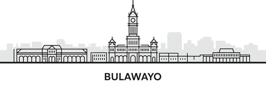 Bulawayo city skyline line art illustration with historic buildings and modern urban profile