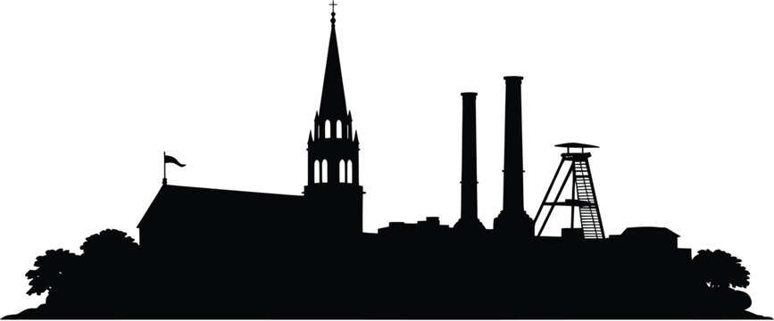 German industrial cityscape with gothic church chimneys and mining tower black silhouette vector