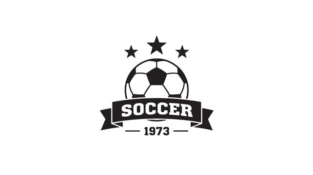 Soccer ball emblem with stars and ribbon displaying the word SOCCER and the year 1973 in bold black font on a white background.