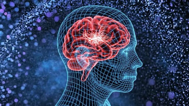 A glowing, translucent human head wireframe reveals a vibrant, active brain within a digital, abstract background with swirling particles