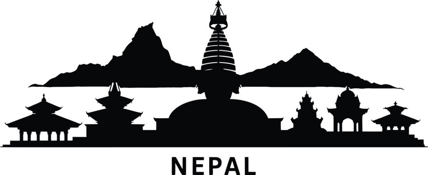 Nepal kathmandu valley skyline silhouette panoramic mountains stupa temple architecture black white