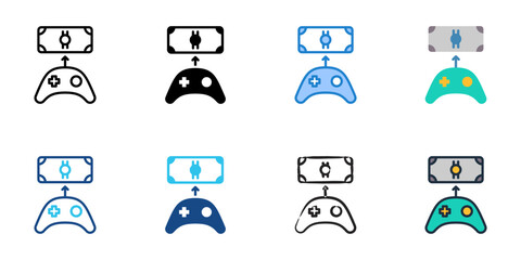 Play to earn icons set multiple style collection. Editable stroke   © Gravisio