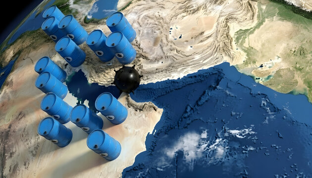 Naval mine floating on strait of hormuz dangerously in ocean waters near oil barrels, representing maritime security and energy crisis risks.