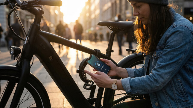 Woman locking e-bike with smartphone app