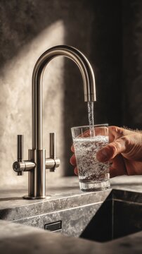 Hand holding a glass under modern 4-way faucet with sleek minimalist levers, dispensing clear drinking water in luxurious contemporary kitchen with premium materials and soft natural light