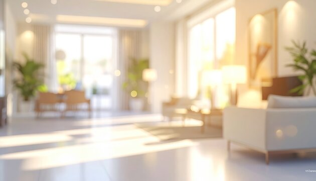 Bright, blurred interior, showcasing a sunlit living space with plants and furniture