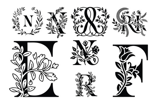 Black floral letters and symbols ampersand
