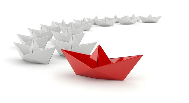 3D Render Bright Red Glossy Origami Paper Boat Leading Fleet of White Paper Boats Business Leadership Concept Pure White Background Soft Studio Shadows 8K