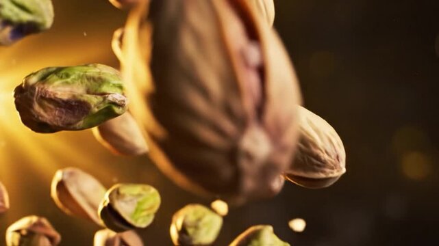 A dynamic scattering of shelled and unshelled nuts against a warm, blurred background with glowing highlights