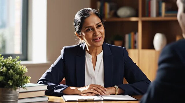 Businesswoman Smiling During Job Interview in Office Setting