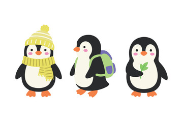 Obraz premium Set of cute baby penguin with winter scarf backpack and leaf in scandinavian nursery style
