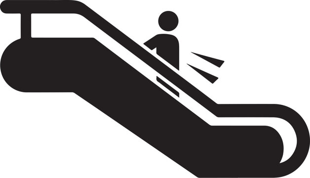 Black, modern escalator icon, moving staircase symbol, elevator graphic
