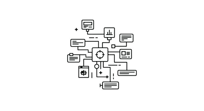 Network diagram illustrates centralized data processing through interconnected nodes.