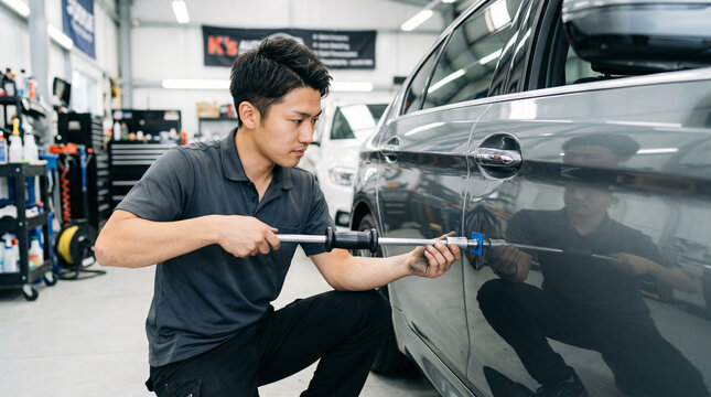 デントリペアで車の凹みを修理する修理工場のマスター
