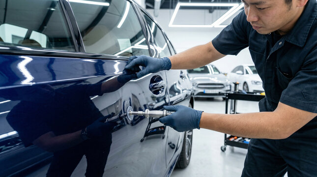 デントリペアで車の凹みを修理する修理工場のマスター