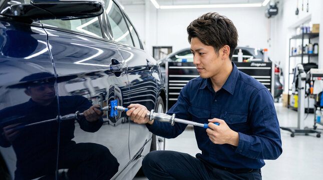 デントリペアで車の凹みを修理する修理工場のマスター