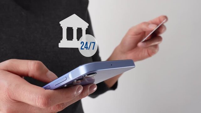 Businesswoman holding a bank card while holding a smartphone with an animated bank icon and a button that says 24/7. Cash availability 24 hours a day, 7 days a week.
