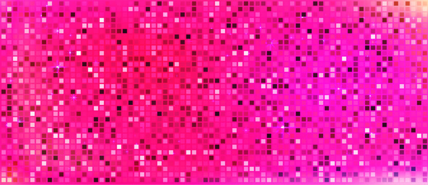 Reflective square tiles with glowing light and retro vibes. Sequin pink disco texture for dance floor, club and fashion design.