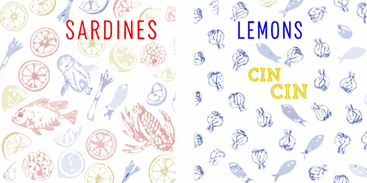 Stylized pattern featuring sardines lemon slices and cin cin fish illustrations