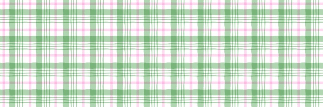 Hand-drawn watercolor plaid seamless pattern with green and pink stripes on white background. Pastel gingham texture for textile, wallpaper, and spring design projects.