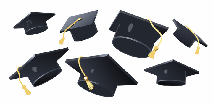 Celebration of graduation with multiple black mortarboards in the air