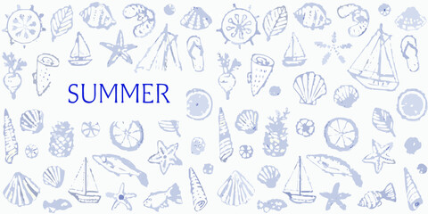 Obraz premium A whimsical summer pattern featuring seashells boats and ocean elements
