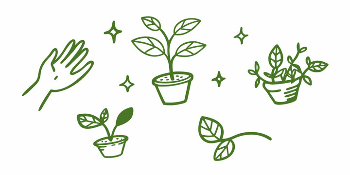 A hand reaching towards potted plants with sparkling doodle elements