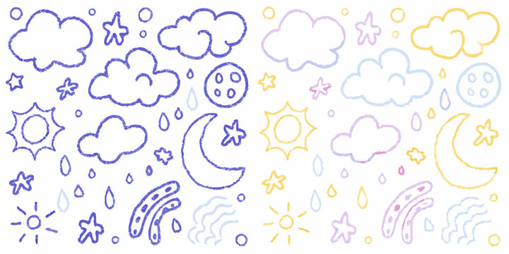 Child s drawing featuring pastel clouds suns moons rainbows and stars