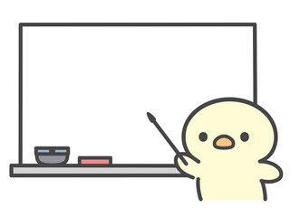 ホワイトボードで説明するひよこの手描きイラスト 指示棒・プレゼン・授業・講義・解説・教育 © Nitomaru